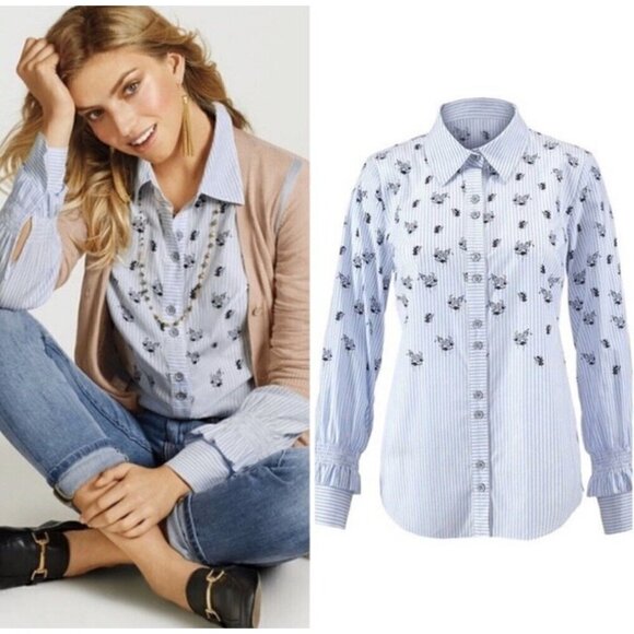 Cabi Blue Floral Pinstripe Button Up Shirt Smocked Ruffled Sleeve Women Sz M - Picture 5 of 12